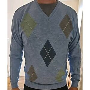 Saks Fifth Avenue 100% Merino Wool Sweater Men's M V-Neck Blue